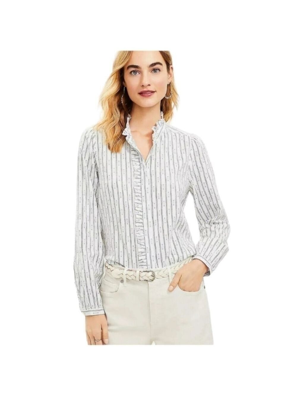 LOFT White Clip  Ruffle Button Down Shirt Top Blouse